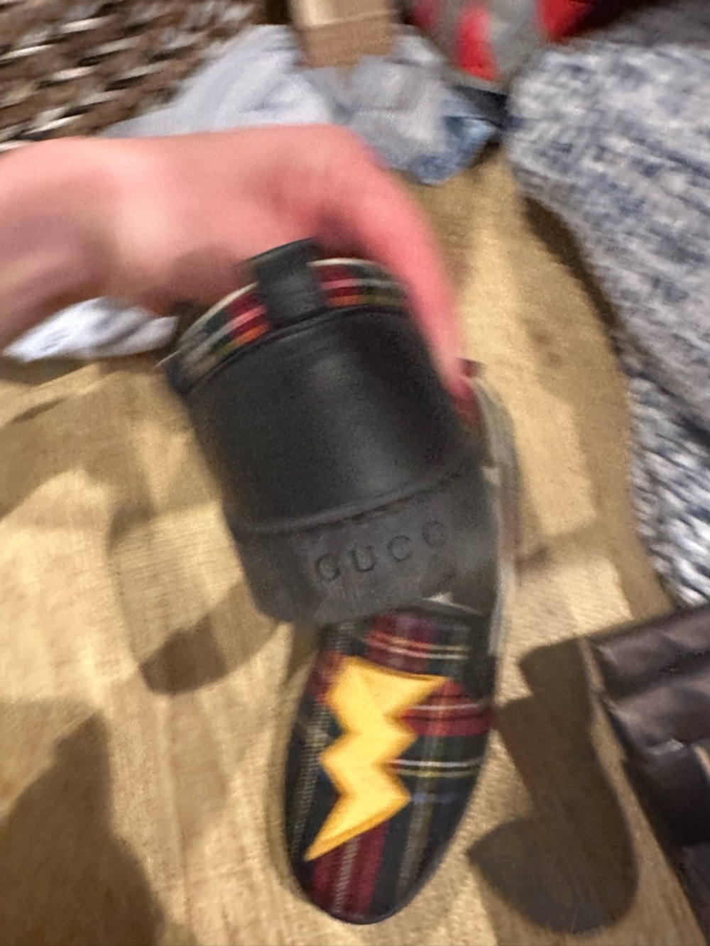 GUCCI Plaid Slip-On Loafers with Dog & Lightning Patch - Red, Navy, Yellow - Picture 3 of 6